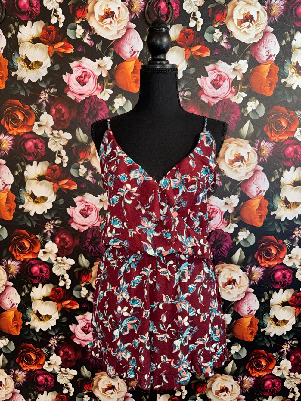 Blue Rain Women’s Burgundy Floral Spaghetti-Strap Romper, Small, BWT - Picture 2 of 15
